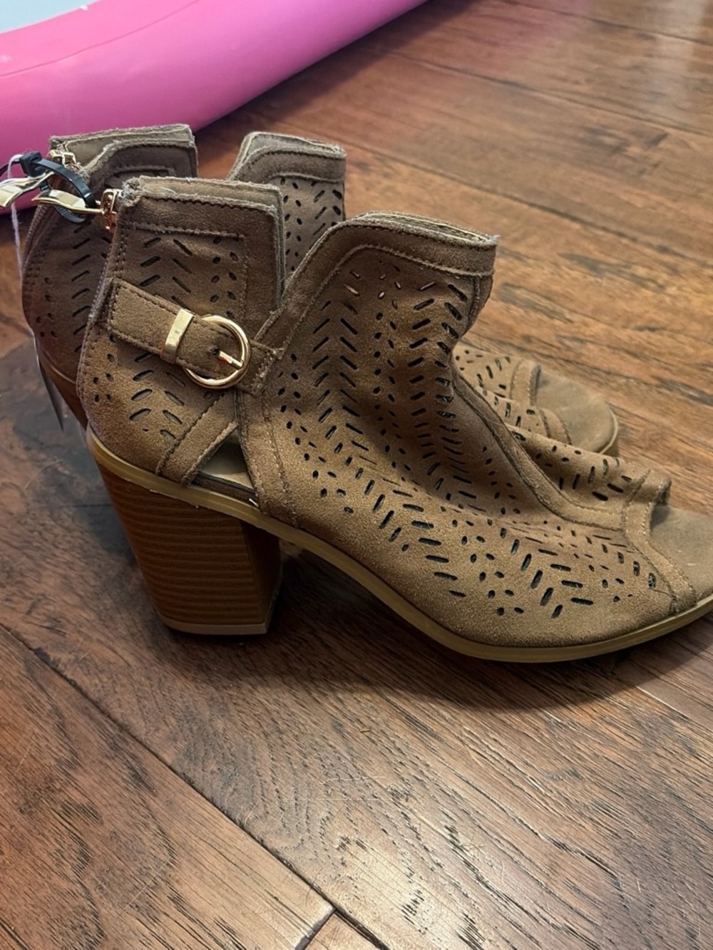 Qupid Taupe Cutout Peep-Toe Block Heel Booties